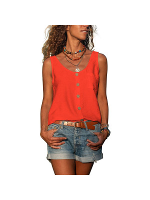 Womens Tops Vest Buttons V-Nek Loose Summer Blouse Holiday Casual Cami T Shirt