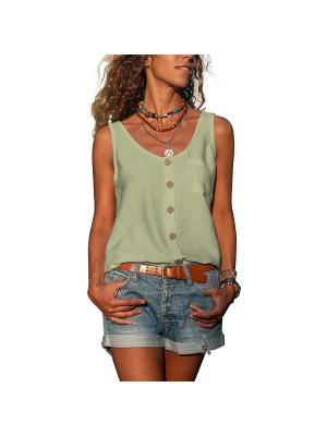 Womens Tops Vest Buttons V-Nek Loose Summer Blouse Holiday Casual Cami T Shirt