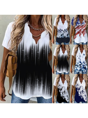 Womens Summer Short Sleeve V-Neck Floral T-Shirt Ladies  Baggy Tunic Blouse