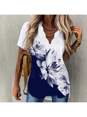 Womens Summer Short Sleeve V-Neck Floral T-Shirt Ladies  Baggy Tunic Blouse