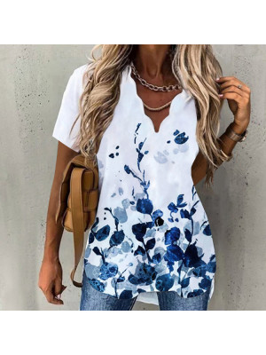 Womens Summer Short Sleeve V-Neck Floral T-Shirt Ladies  Baggy Tunic Blouse