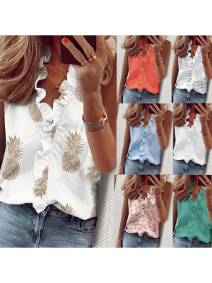 Womens Tops Vest T Shirt Sleeveless Loose Casual Cami Buttons Ladies Blouse