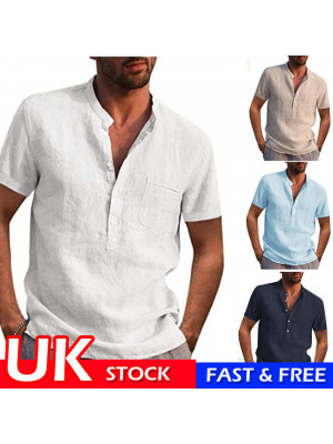 Summer Mens Shirts Tops Short Sleeve Casual Loose Buttons T-shirt Pocket Blouse