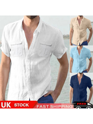 Men Solid Cotton Linen Button T Shirt Casual Summer Short Sleeve Tops Blouse Tee