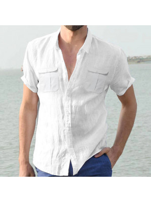 Men Solid Cotton Linen Button T Shirt Casual Summer Short Sleeve Tops Blouse Tee