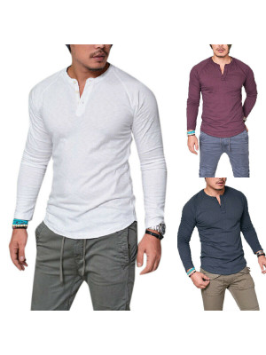 Mens Casual Long Sleeve T-shirt Button Tops Henley Grandad Collarless Muscle Tee