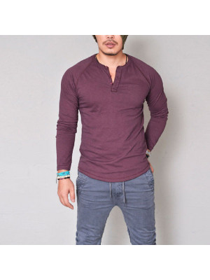 Mens Casual Long Sleeve T-shirt Button Tops Henley Grandad Collarless Muscle Tee