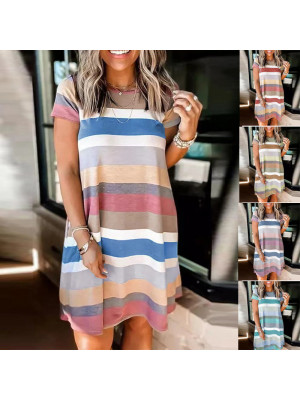 Womens Summer Beach Stripes Dress Ladies Loose Short Sleeves Crew Neck Sundress