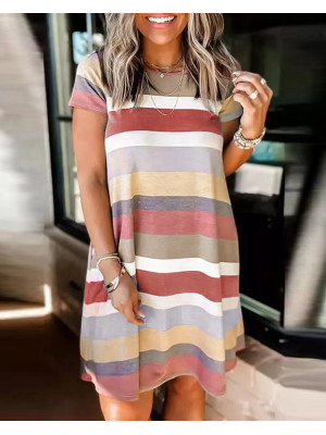 Womens Summer Beach Stripes Dress Ladies Loose Short Sleeves Crew Neck Sundress