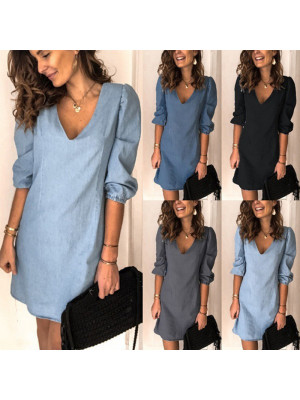 Womens T-Shirt Linen Cotton Summer Dress Ladies Half Sleeve V-neck Tops Sundress