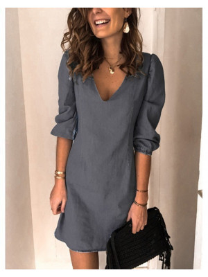 Womens T-Shirt Linen Cotton Summer Dress Ladies Half Sleeve V-neck Tops Sundress