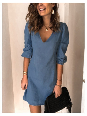 Womens T-Shirt Linen Cotton Summer Dress Ladies Half Sleeve V-neck Tops Sundress