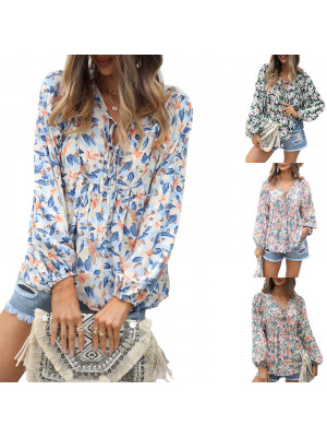 Womens Chiffon Print Tops Casual Sexy Blouse Tee Ladies Deep V-Neck Loose Shirt