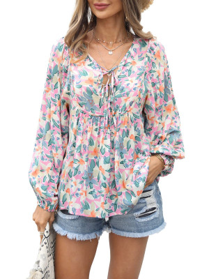 Womens Chiffon Print Tops Casual Sexy Blouse Tee Ladies Deep V-Neck Loose Shirt