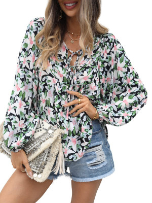 Womens Chiffon Print Tops Casual Sexy Blouse Tee Ladies Deep V-Neck Loose Shirt