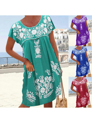 Women's Floral Boho Crew Neck Mini Sundress Ladies Summer Holiday Short Dress