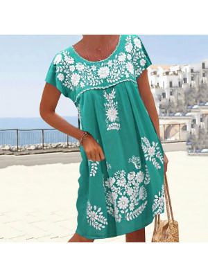 Women's Floral Boho Crew Neck Mini Sundress Ladies Summer Holiday Short Dress