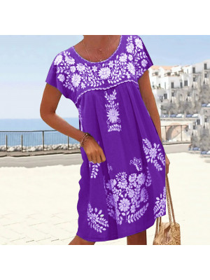 Women's Floral Boho Crew Neck Mini Sundress Ladies Summer Holiday Short Dress