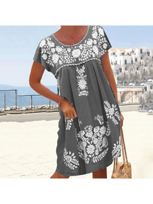 Women's Floral Boho Crew Neck Mini Sundress Ladies Summer Holiday Short Dress