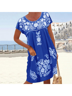 Women's Floral Boho Crew Neck Mini Sundress Ladies Summer Holiday Short Dress