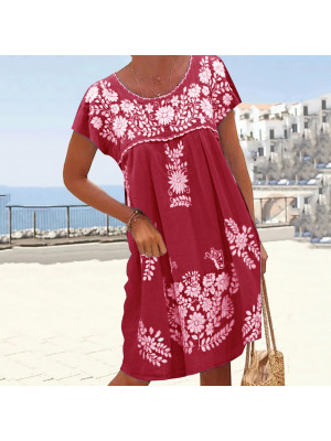 Women's Floral Boho Crew Neck Mini Sundress Ladies Summer Holiday Short Dress