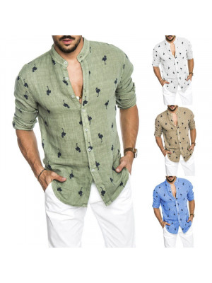 Mens Summer Long Sleeve Tops Button Casual V Neck Print Loose Blouse Shirts