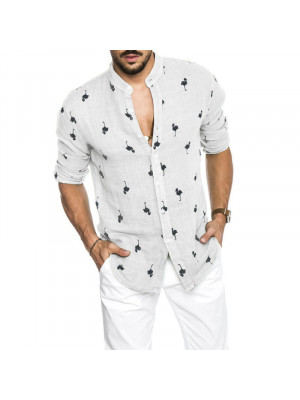 Mens Summer Long Sleeve Tops Button Casual V Neck Print Loose Blouse Shirts