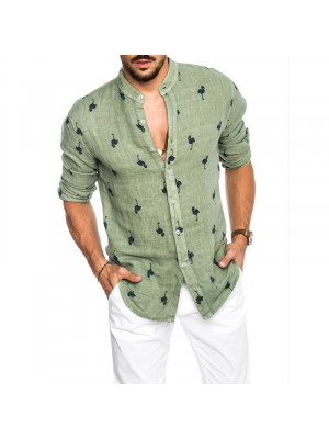 Mens Summer Long Sleeve Tops Button Casual V Neck Print Loose Blouse Shirts