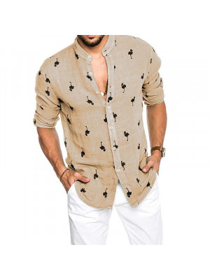 Mens Summer Long Sleeve Tops Button Casual V Neck Print Loose Blouse Shirts