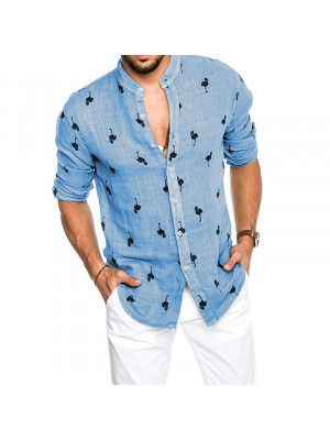 Mens Summer Long Sleeve Tops Button Casual V Neck Print Loose Blouse Shirts