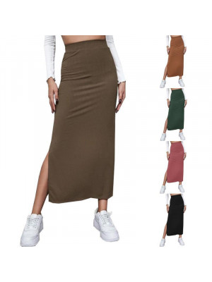 Women Split Maxi Skirt Ladies Plain Stretch High Waist Long Bodycon Basic Skirts