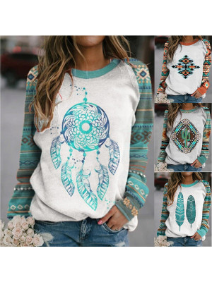 Plus Size Womens Print T Shirt Casual Blouse Long Sleeve Pullover Boho Tops