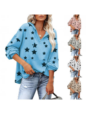 Women Zip V NeckWomen Zip V Neck Baggy T Shirt Ladies Long Sleeve Star Tops Blouse Pocket Shirts