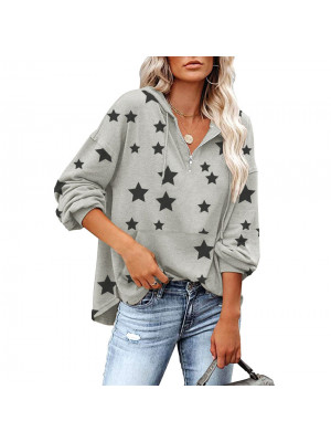 Women Zip V NeckWomen Zip V Neck Baggy T Shirt Ladies Long Sleeve Star Tops Blouse Pocket Shirts