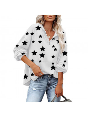 Women Zip V NeckWomen Zip V Neck Baggy T Shirt Ladies Long Sleeve Star Tops Blouse Pocket Shirts