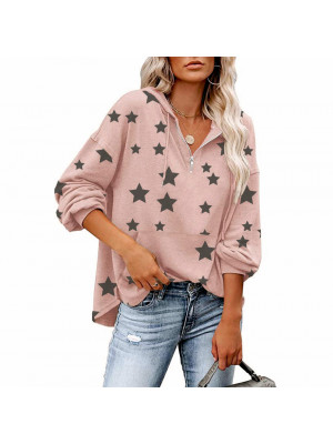 Women Zip V NeckWomen Zip V Neck Baggy T Shirt Ladies Long Sleeve Star Tops Blouse Pocket Shirts