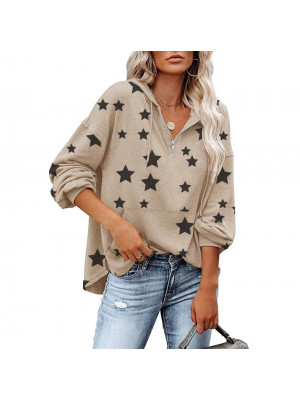 Women Zip V NeckWomen Zip V Neck Baggy T Shirt Ladies Long Sleeve Star Tops Blouse Pocket Shirts