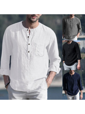 Men's Long Sleeve Linen Shirt Solid Button V Neck Loose Casual Shirt Pocket Tops