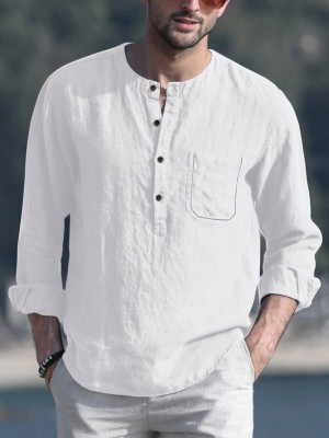 Men's Long Sleeve Linen Shirt Solid Button V Neck Loose Casual Shirt Pocket Tops