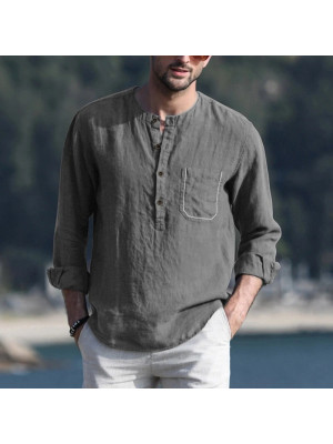 Men's Long Sleeve Linen Shirt Solid Button V Neck Loose Casual Shirt Pocket Tops