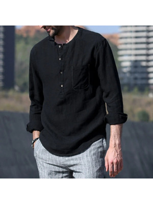 Men's Long Sleeve Linen Shirt Solid Button V Neck Loose Casual Shirt Pocket Tops