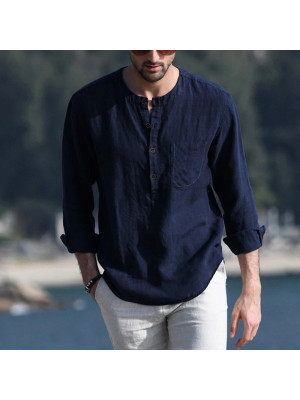 Men's Long Sleeve Linen Shirt Solid Button V Neck Loose Casual Shirt Pocket Tops