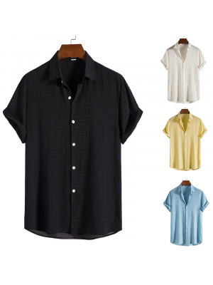 Mens Summer Short Sleeve Top Solid Shirts Casual Fit Formal Dress Button Tee