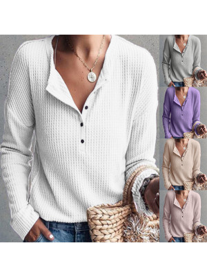 Women's Button Casual V Neck T Shirt Ladies Long Sleeve Pullover Tops Blouse