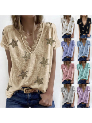 Plus Size Women Print Short Sleeve Tops Ladies Lace V Neck Loose Blouse T Shirts