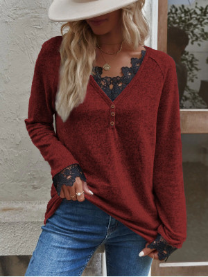 Womens Lace Splicing Casual Blouse Tops Ladies Long Sleeve V Neck Button T Shirt