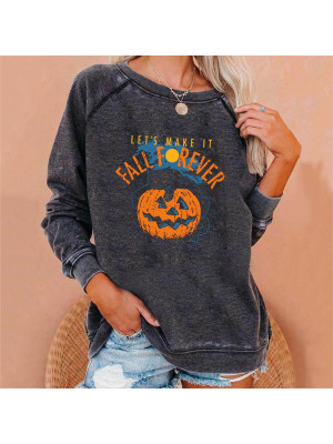 Womens Halloween Print T Shirt Crew Neck Pullover Blouse Ladies Long Sleeve Tops