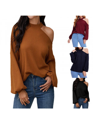 Womens Cold Shoulder Crew Neck Long Sleeve Shirt Blouse Ladies Casual Loose Tops