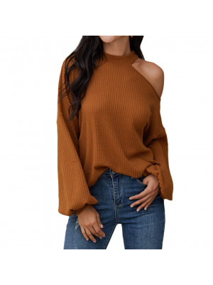 Womens Cold Shoulder Crew Neck Long Sleeve Shirt Blouse Ladies Casual Loose Tops