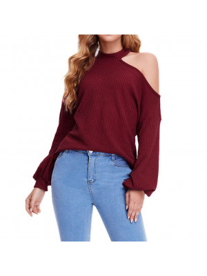 Womens Cold Shoulder Crew Neck Long Sleeve Shirt Blouse Ladies Casual Loose Tops